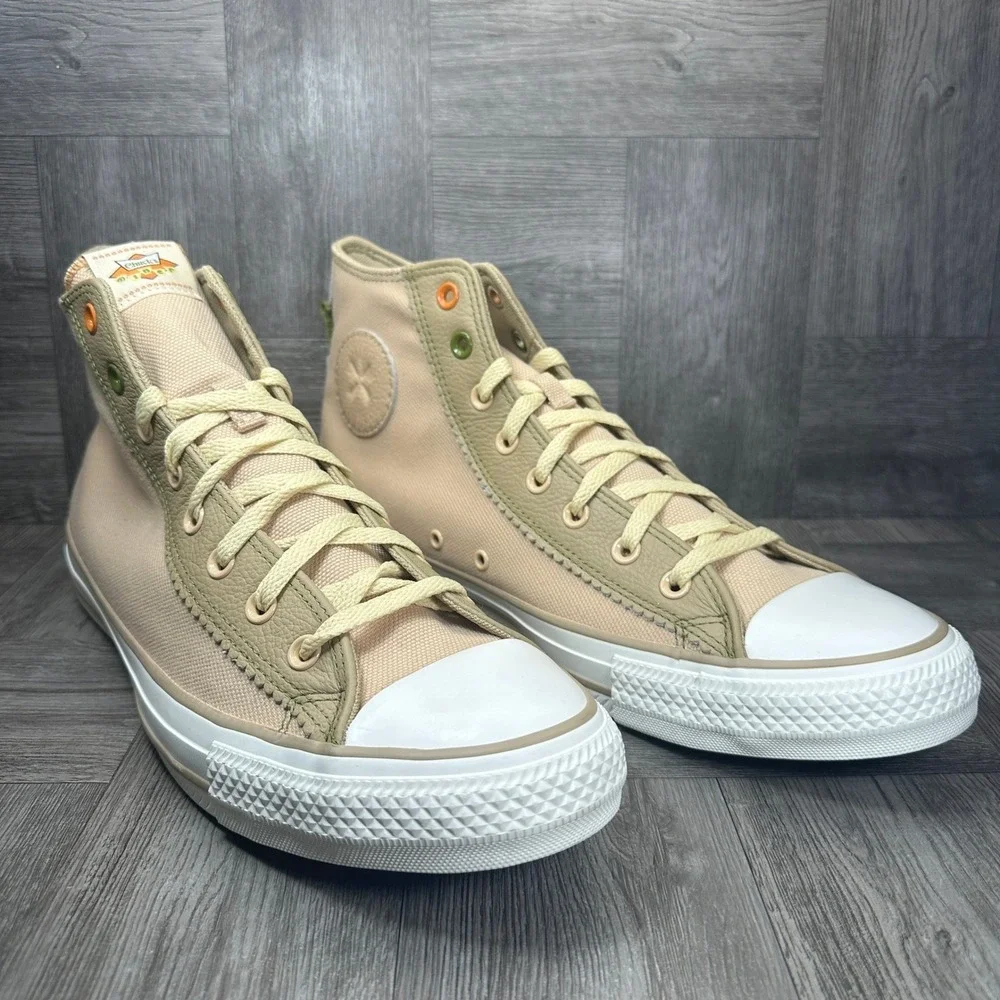 Converse High Top Sneakers Mens 13 Tan Olive Leather Canvas Chucks Diner NEW - Picture 2 of 9